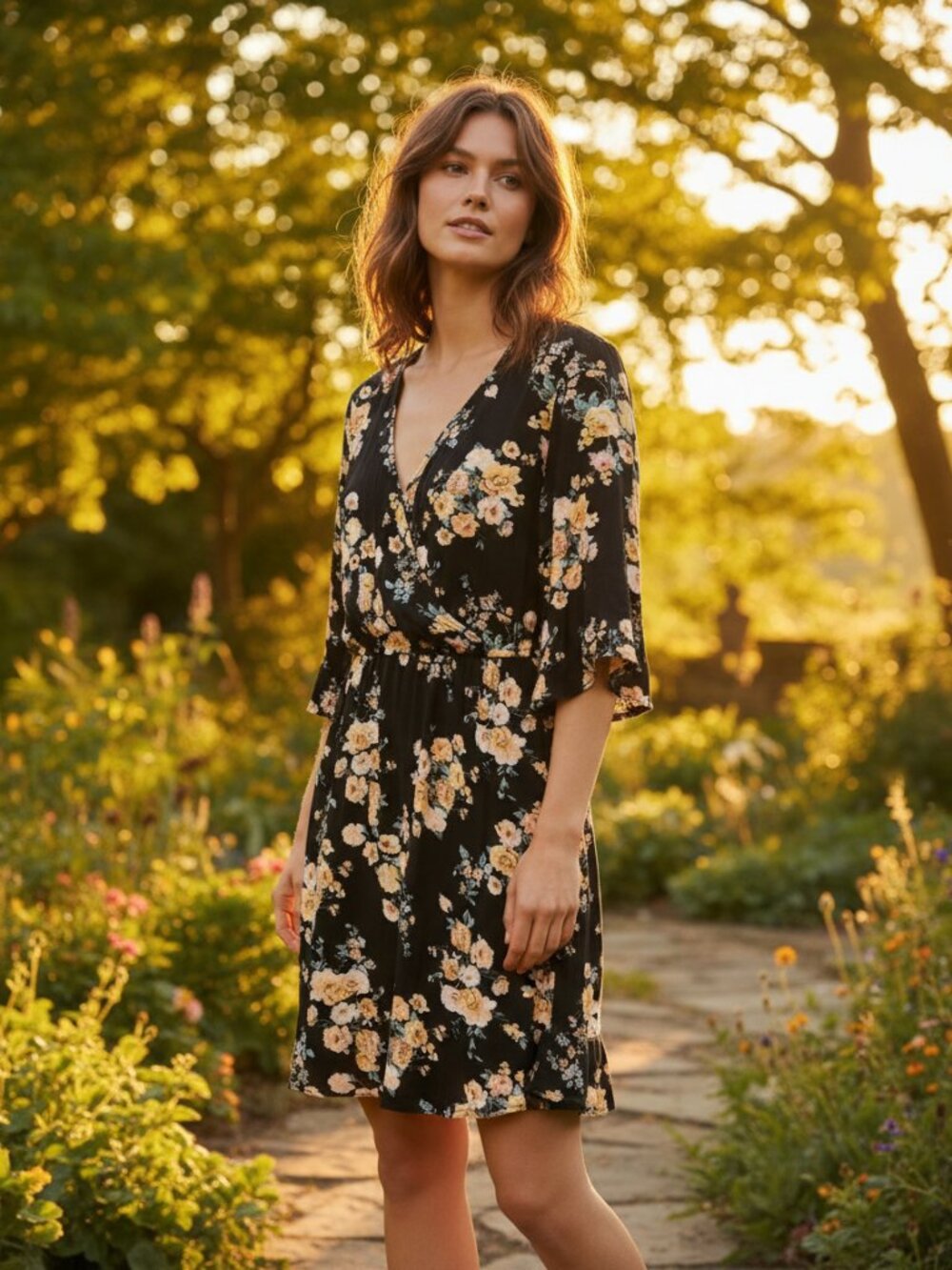 Xhilaration M Mini Dress Black Pink Yellow Floral Ruffle Boho Whimsigoth Cottage